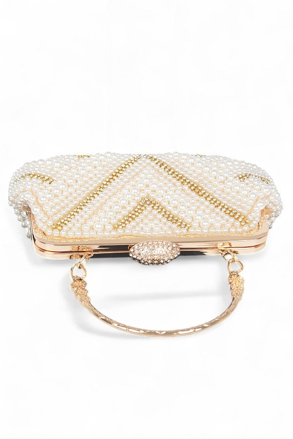 Pearl Rhinestone Beaded Top Handle Clutch Bag