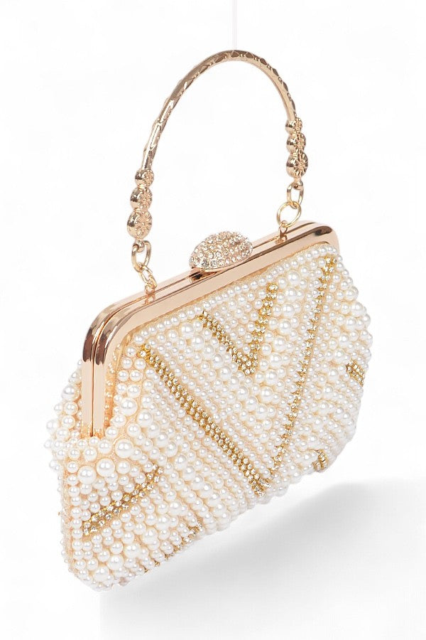 Pearl Rhinestone Beaded Top Handle Clutch Bag