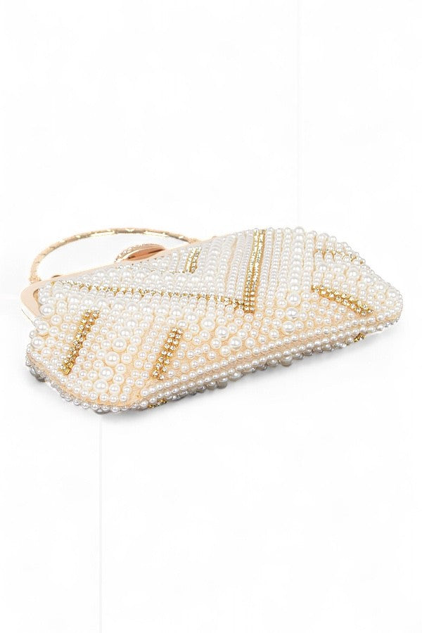 Pearl Rhinestone Beaded Top Handle Clutch Bag