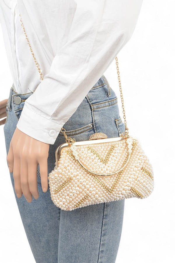 Gold Pearl Rhinestone Beaded Top Handle Clutch Bag