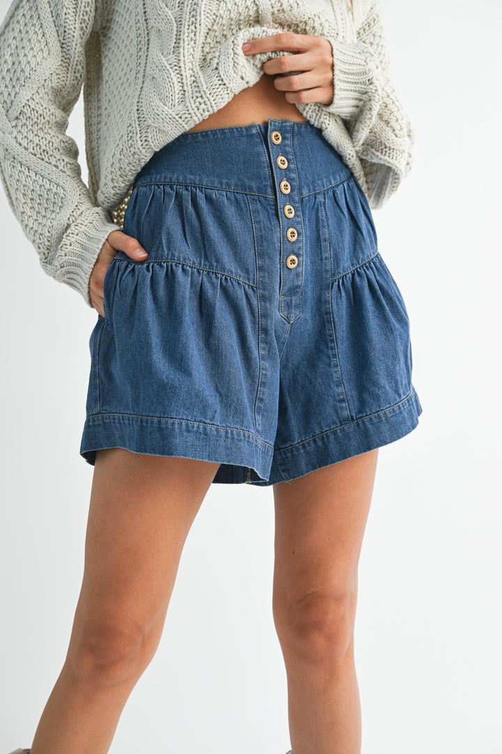 Denim High Rise Tiered Button Front Denim Shorts