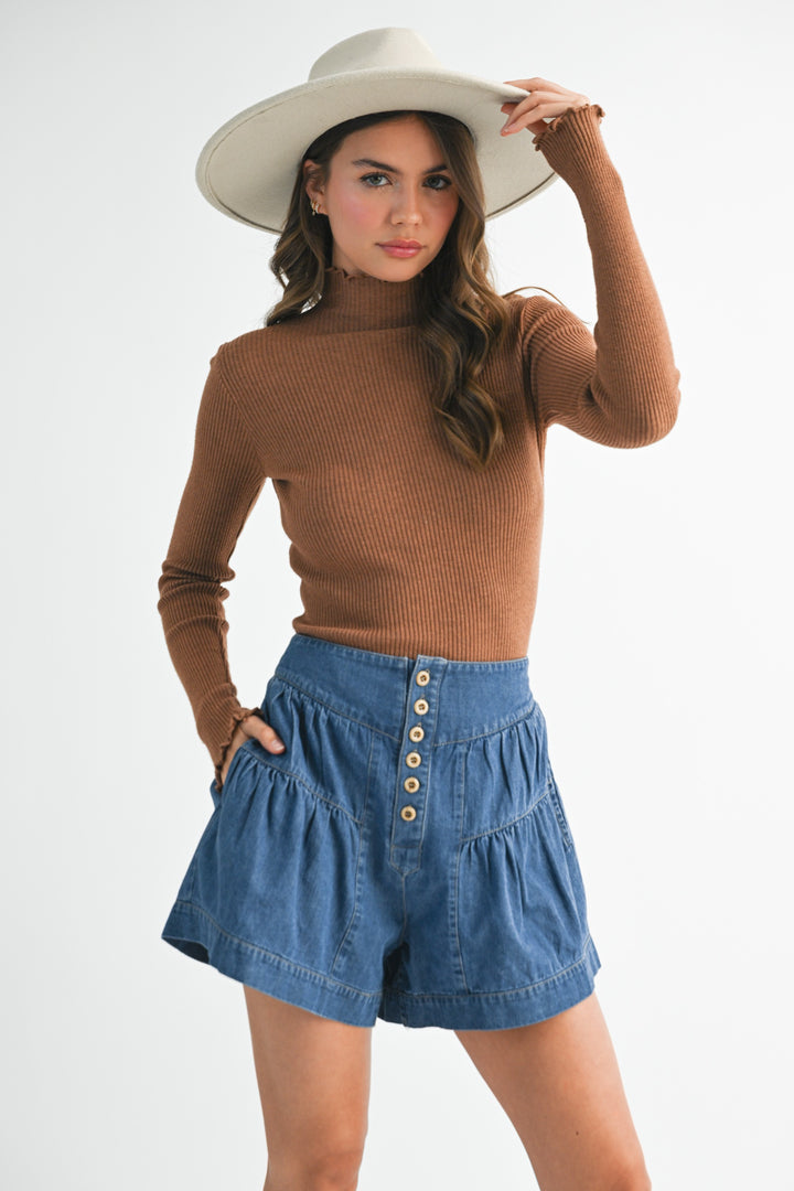 High Rise Tiered Button Front Denim Shorts