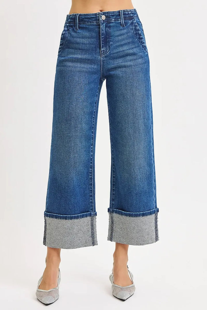 Dark Risen High Rise Ankle Wide Rhine Stone Cuffed Jeans