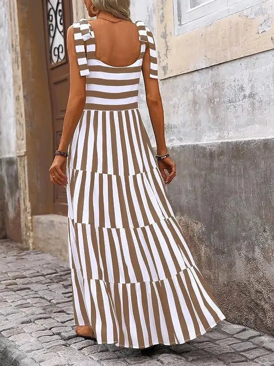 Khaki Striped And Floral Sleeveless Maxi Dress