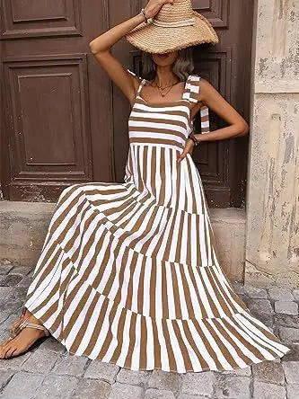 Khaki Striped And Floral Sleeveless Maxi Dress