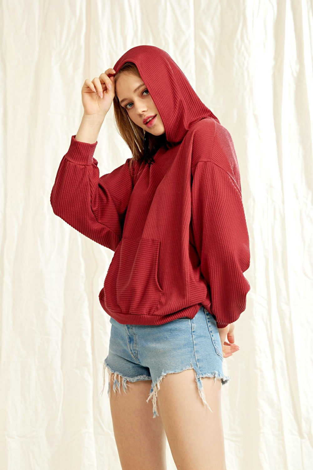 Taupe Plus Oversized Dolman Sleeve Ribbed Hoodie Top