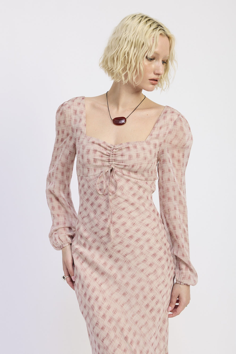 Dusty Rose Flannel Open Back Puff Sleeve Maxi Dress With Ruched Bust