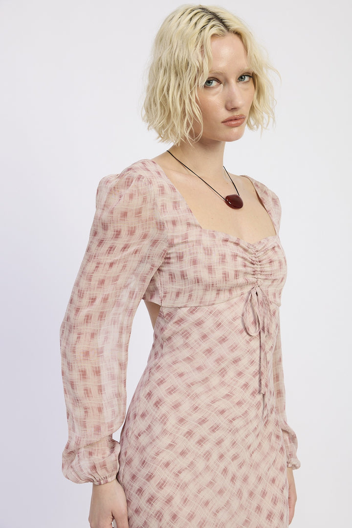 Open Back Puff Sleeve Maxi Dress With Ruched Bust