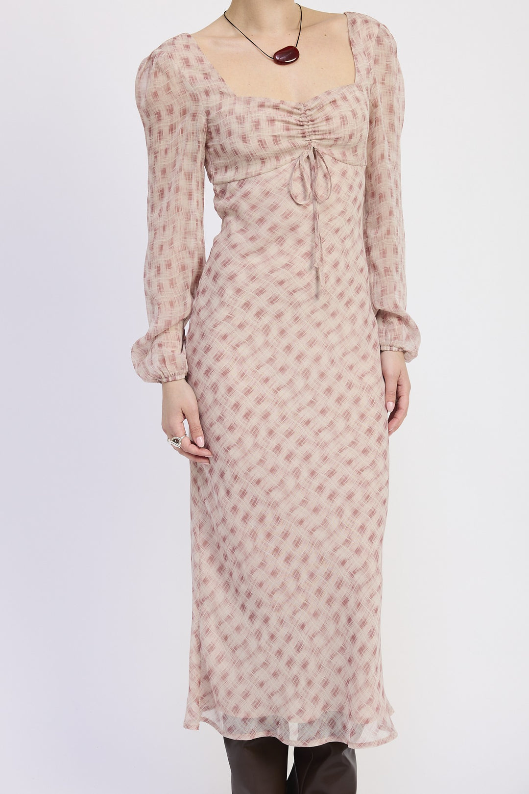 Dusty Rose Flannel Open Back Puff Sleeve Maxi Dress With Ruched Bust