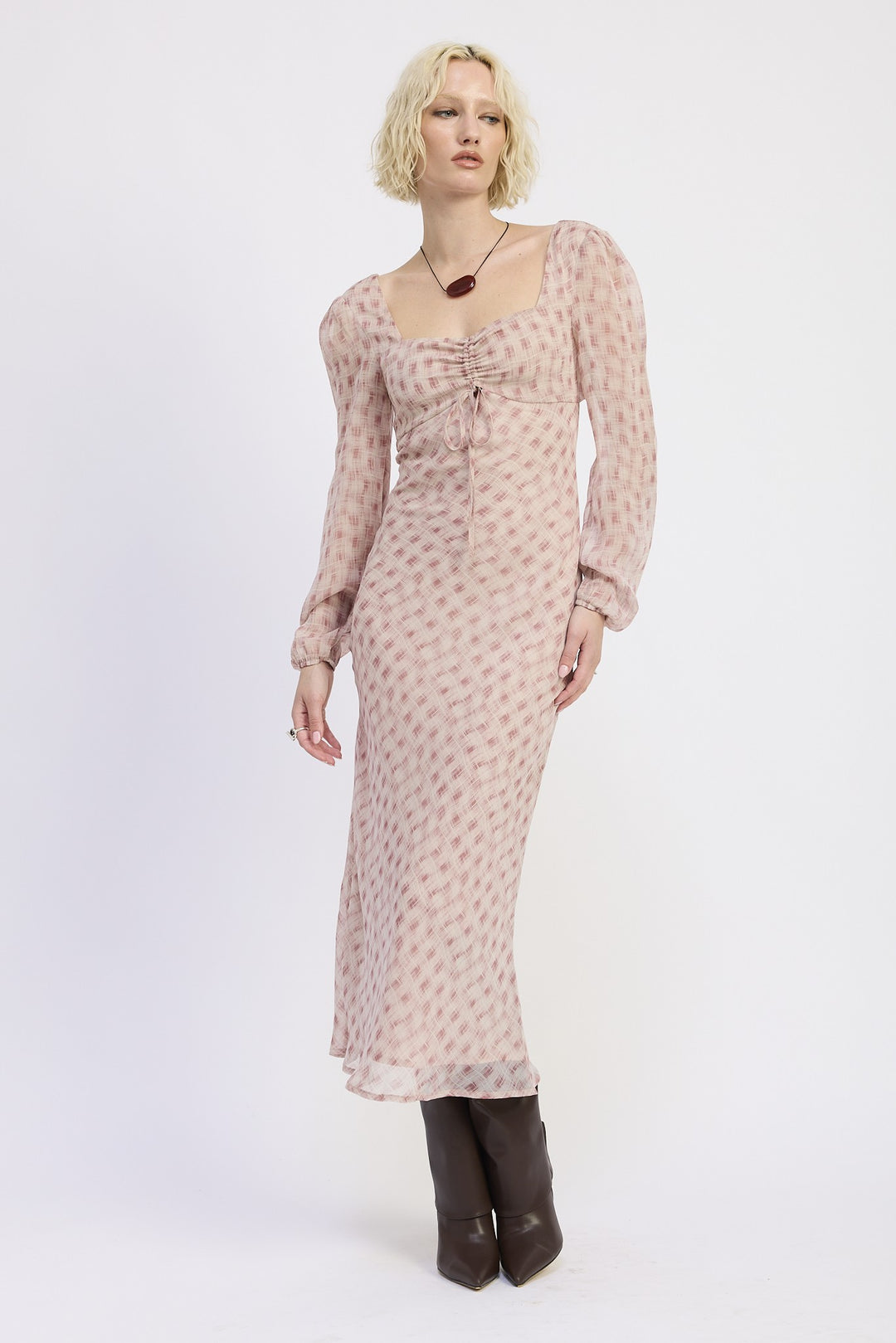 Dusty Rose Flannel Open Back Puff Sleeve Maxi Dress With Ruched Bust
