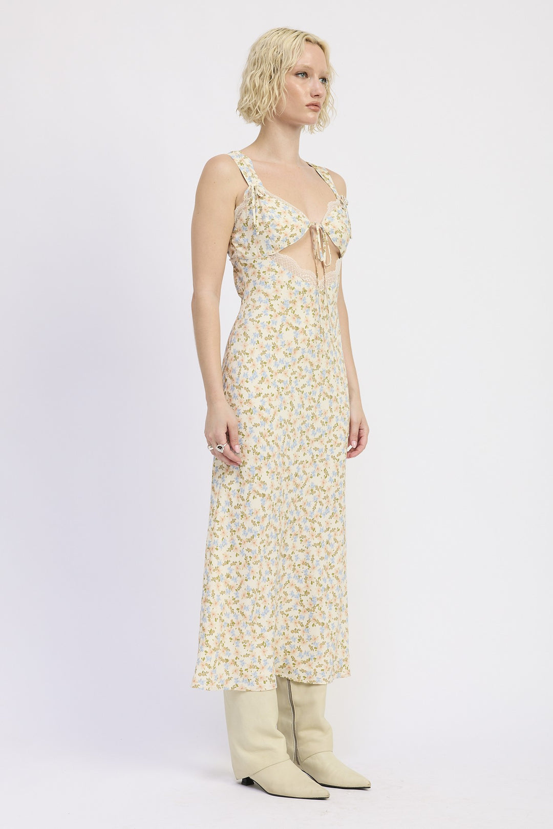 Ditsy Print Midi Dress With Cutout And Lace Trim