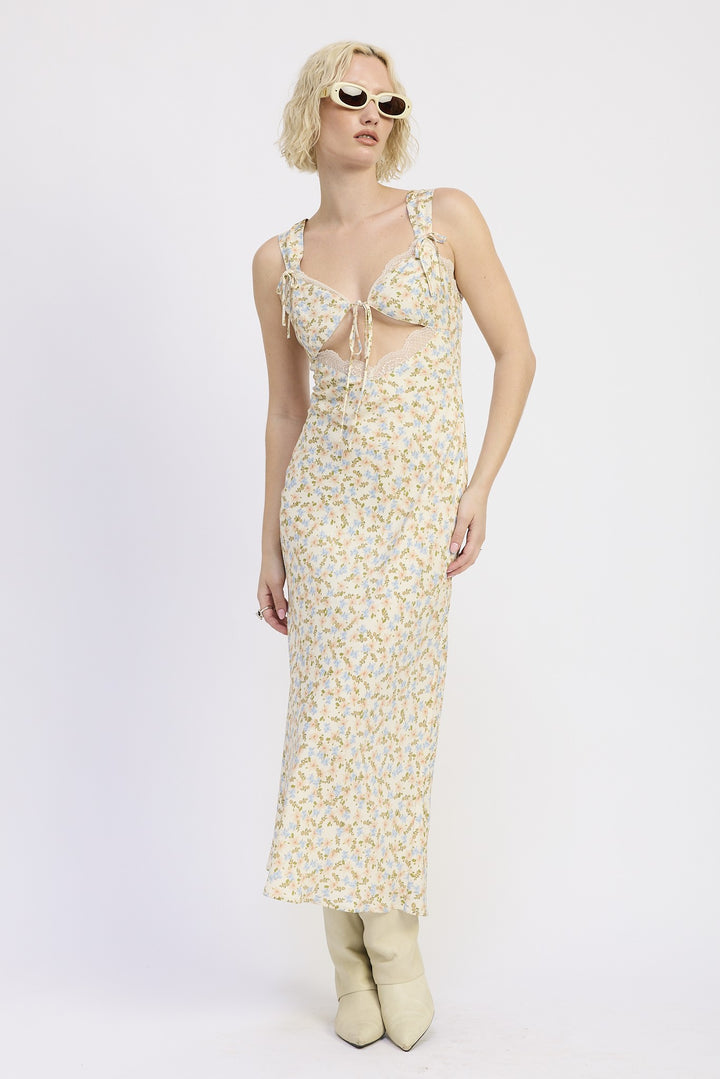 Ivory Floral Ditsy Print Midi Dress With Cutout And Lace Trim