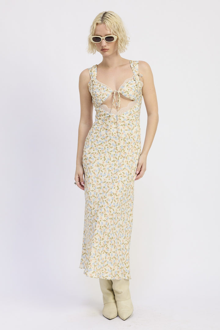 Ditsy Print Midi Dress With Cutout And Lace Trim