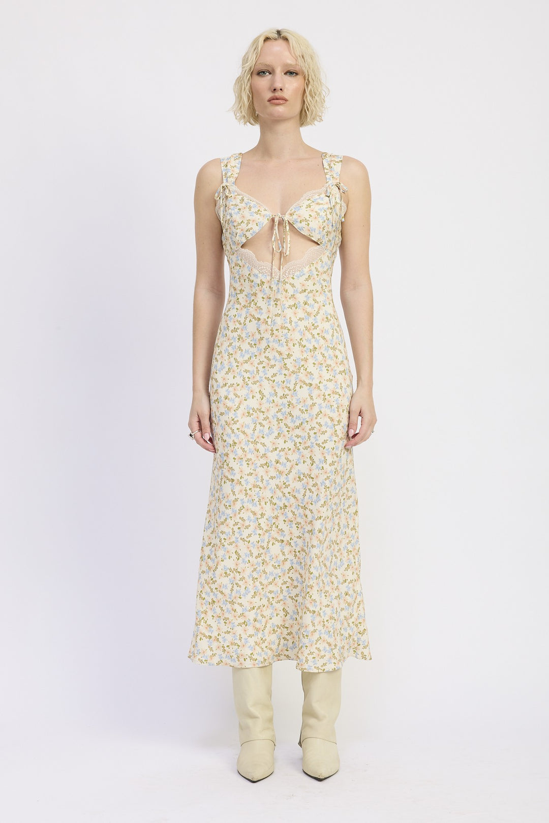 Ditsy Print Midi Dress With Cutout And Lace Trim