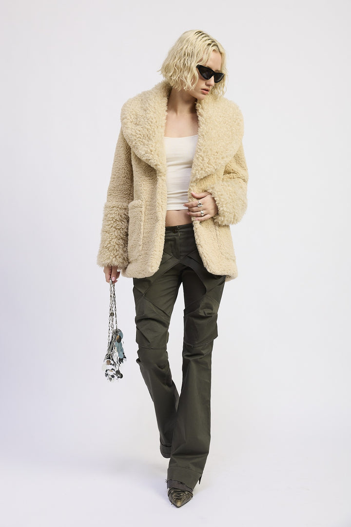 Taupe Fur Trimmed Fleece Jacket With Pockets