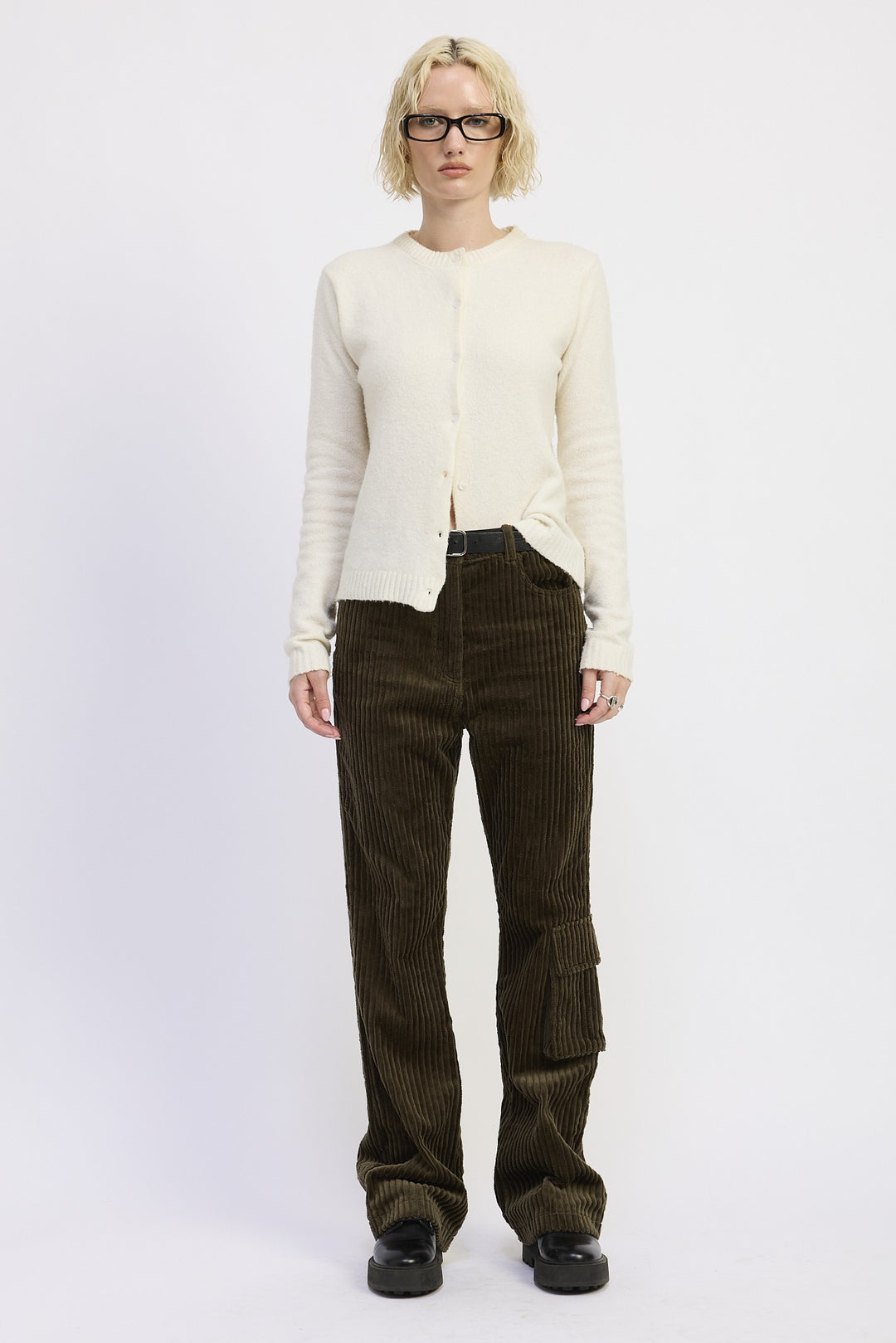 Olive Wide Leg Corduroy Pant With Pocket Detail