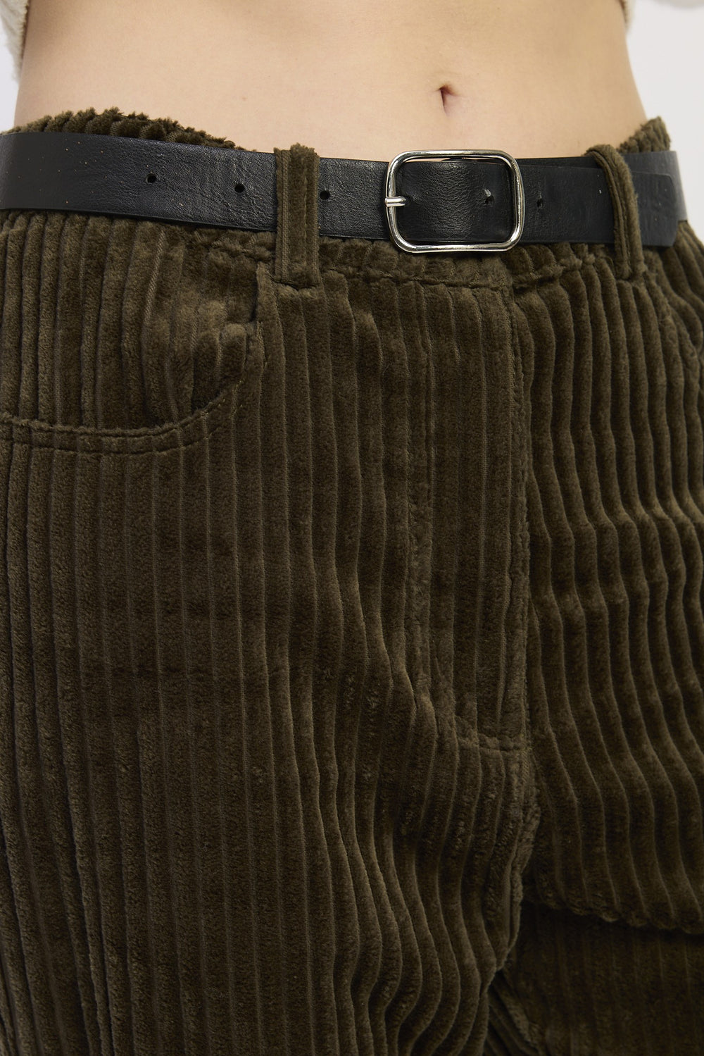 Olive Wide Leg Corduroy Pant With Pocket Detail