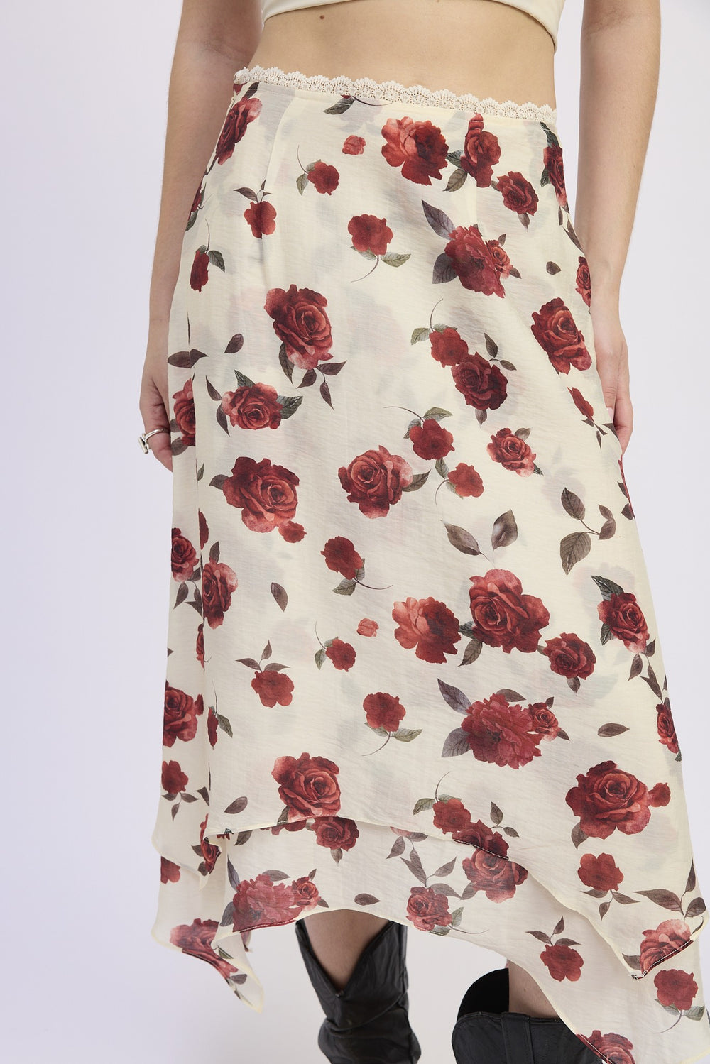 Burgundy Rose Floral Loral Billowy Midi Skirt