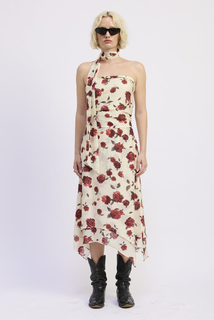 Burgundy Rose Floral Loral Billowy Midi Skirt