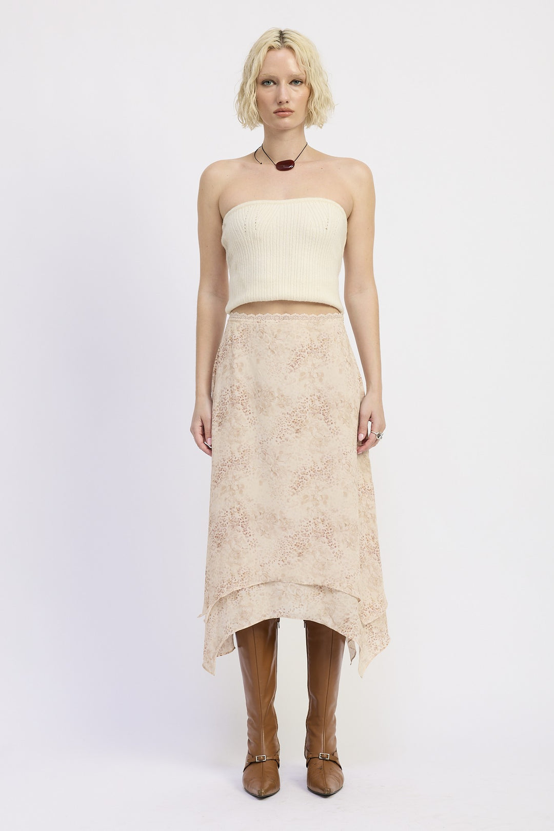 Ivory Leopard Mid Rise Billowy A Line Skirt