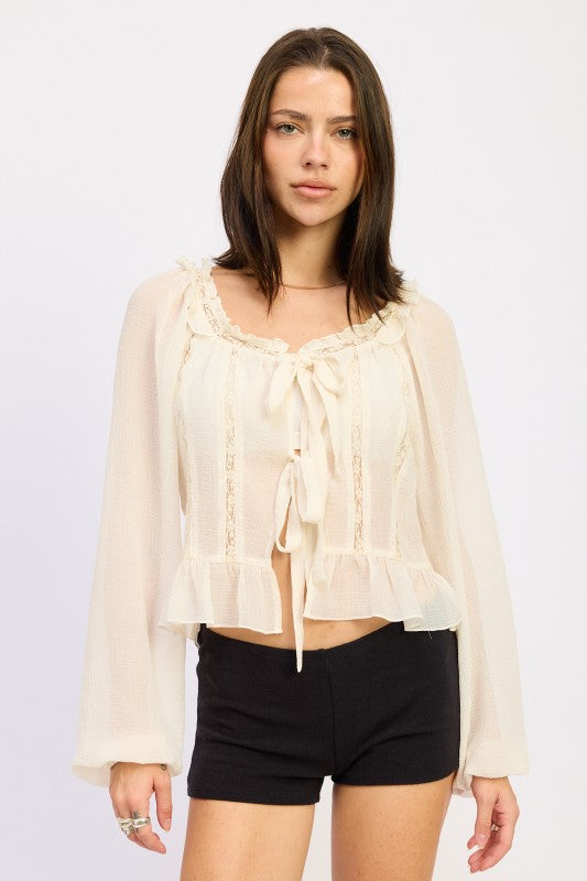 Cream Round Neck Longsleeve Flared Blouse