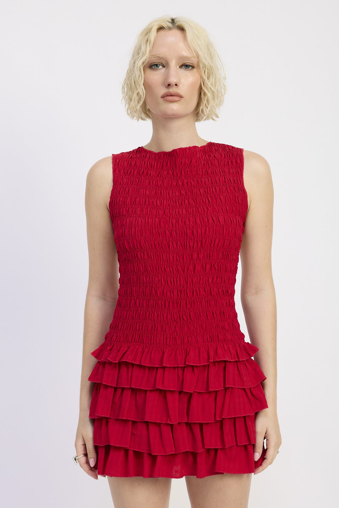 Sleeveless Smocked Mini Dress With Ruffle