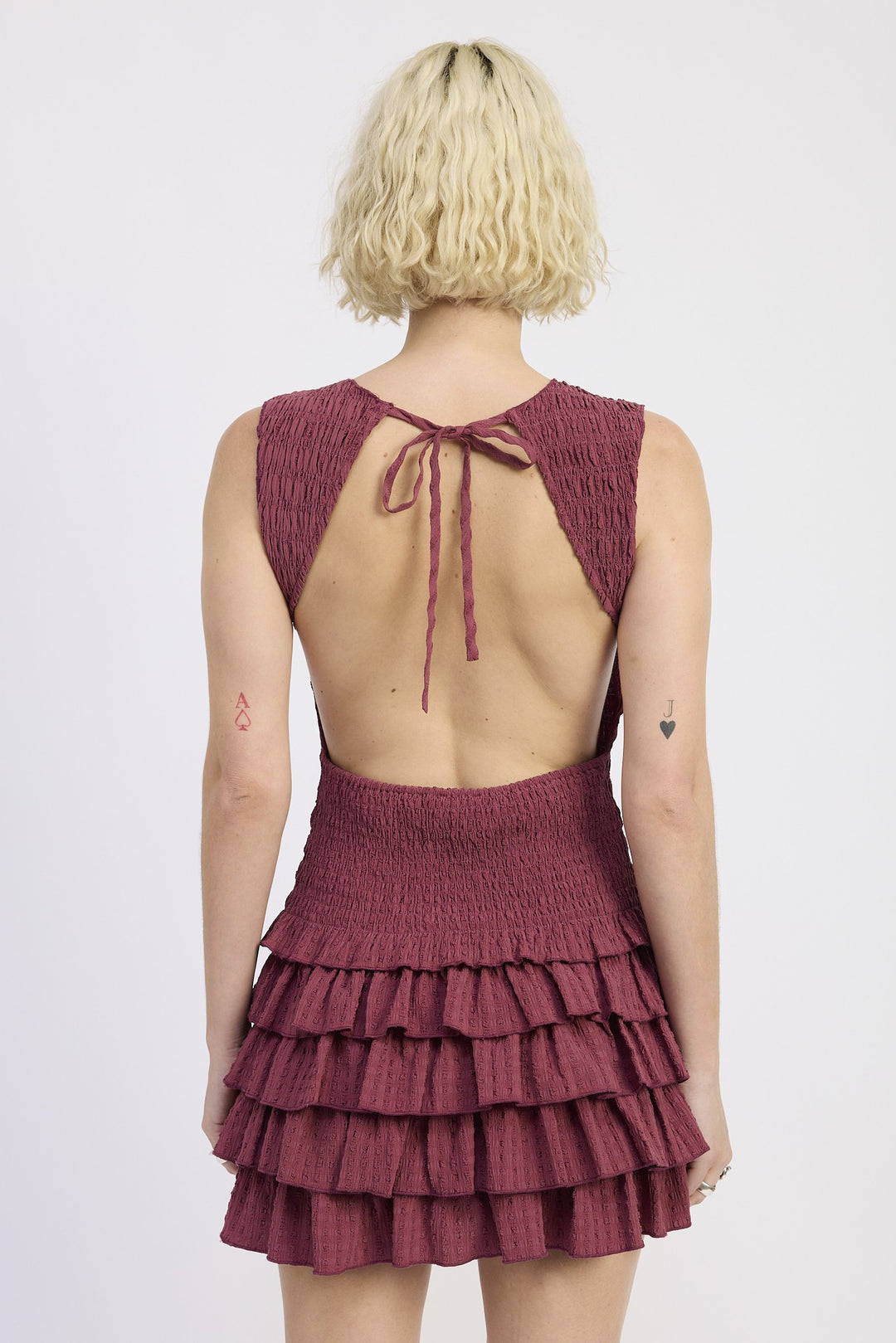Wine Sleeveless Smocked Mini Dress With Ruffle