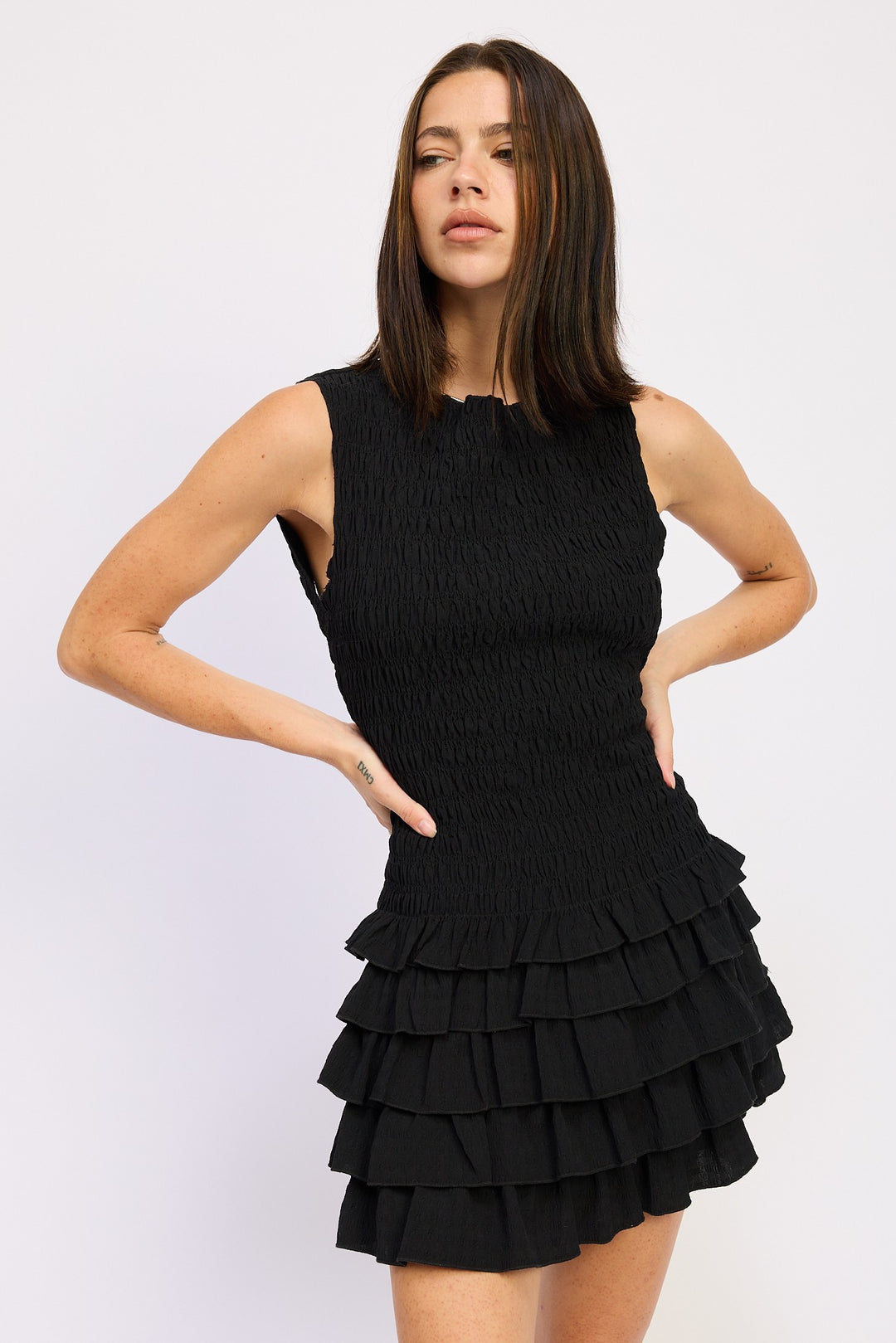 Black Sleeveless Smocked Mini Dress With Ruffle