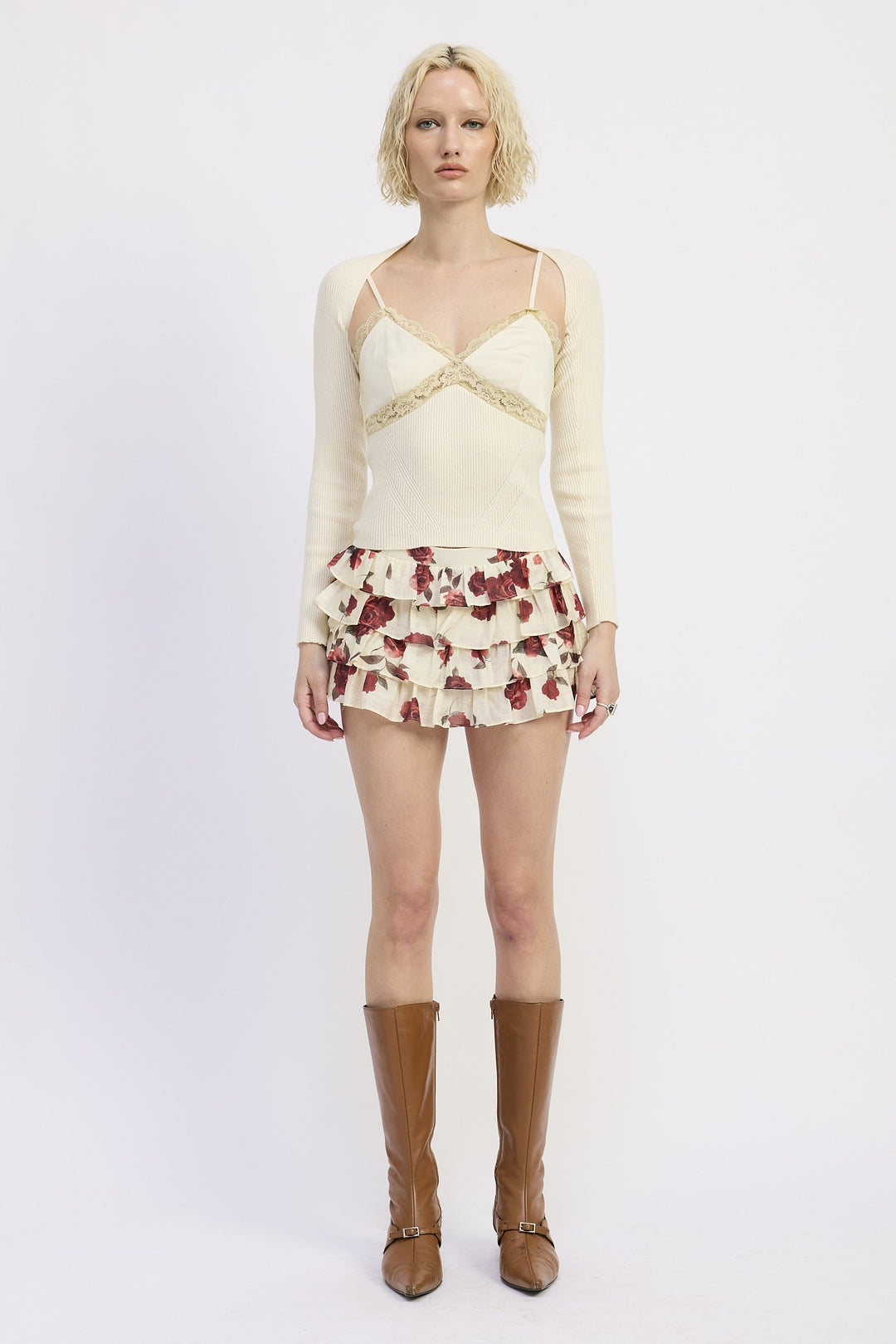 Burgundy Rose Floral Floral Mini Ruffle Skort