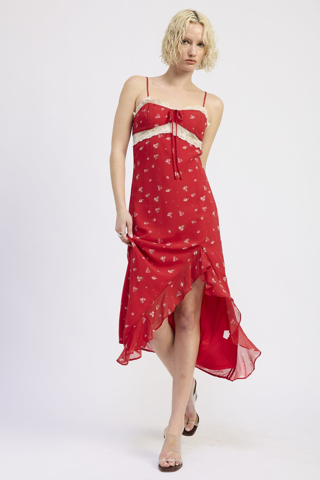 Red Floral Print Spaghettie Strap Ruffle Maxi Dress
