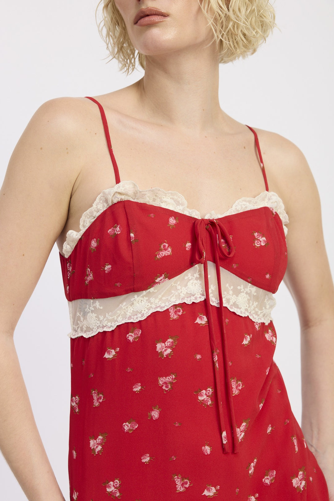 Red Floral Print Spaghettie Strap Ruffle Maxi Dress
