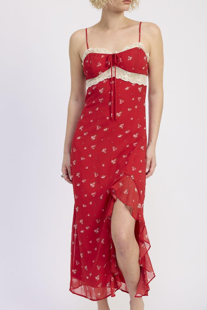 Red Floral Print Spaghettie Strap Ruffle Maxi Dress