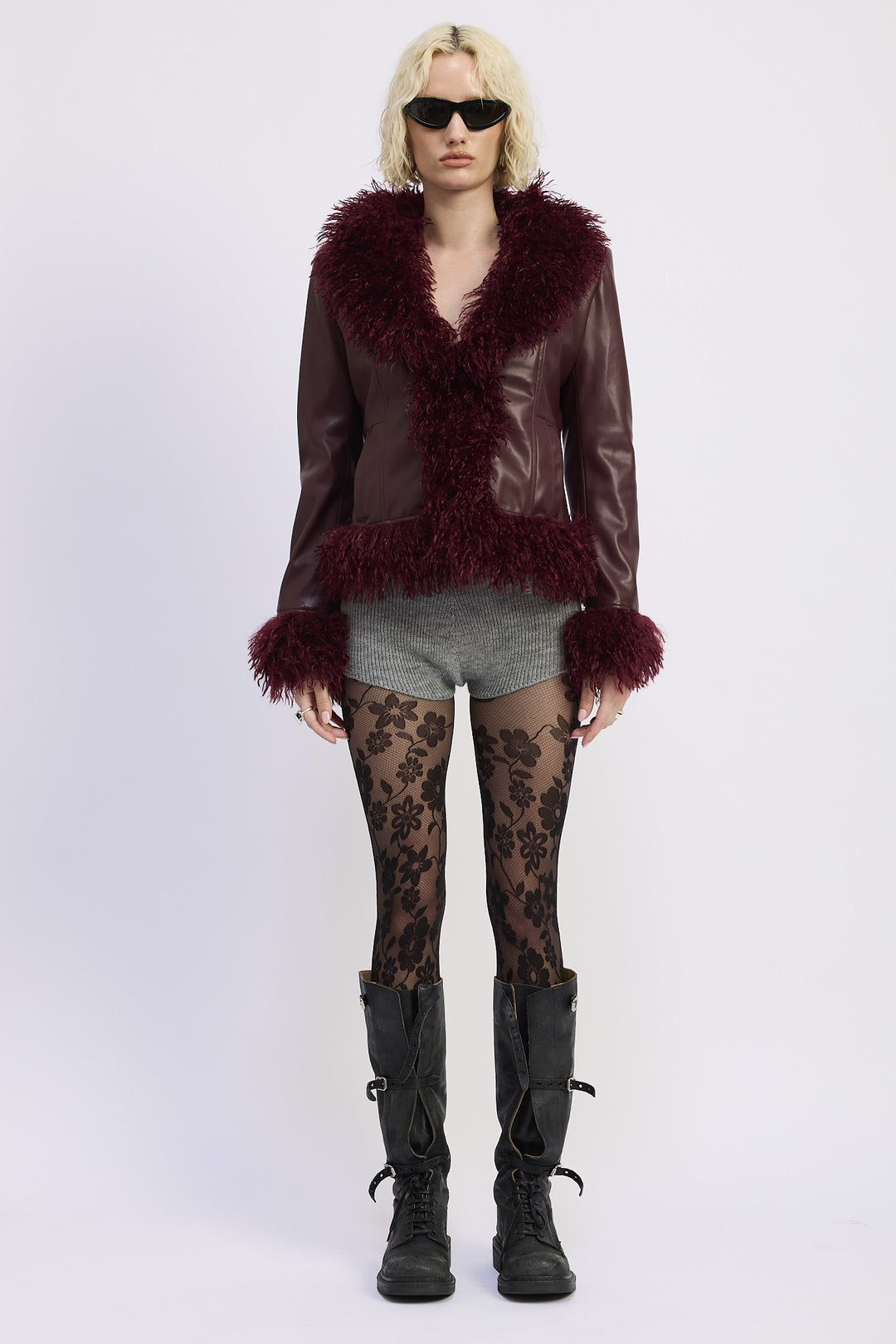 Burgundy Fur And Leather Mix Media Jacket