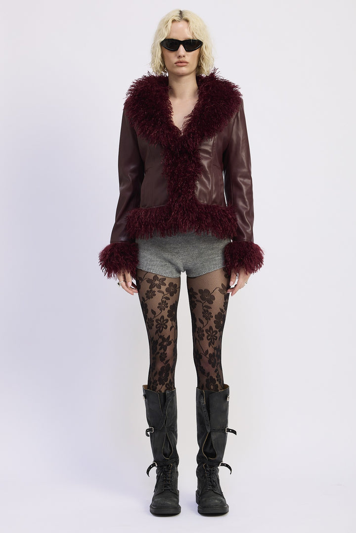 Burgundy Fur And Leather Mix Media Jacket