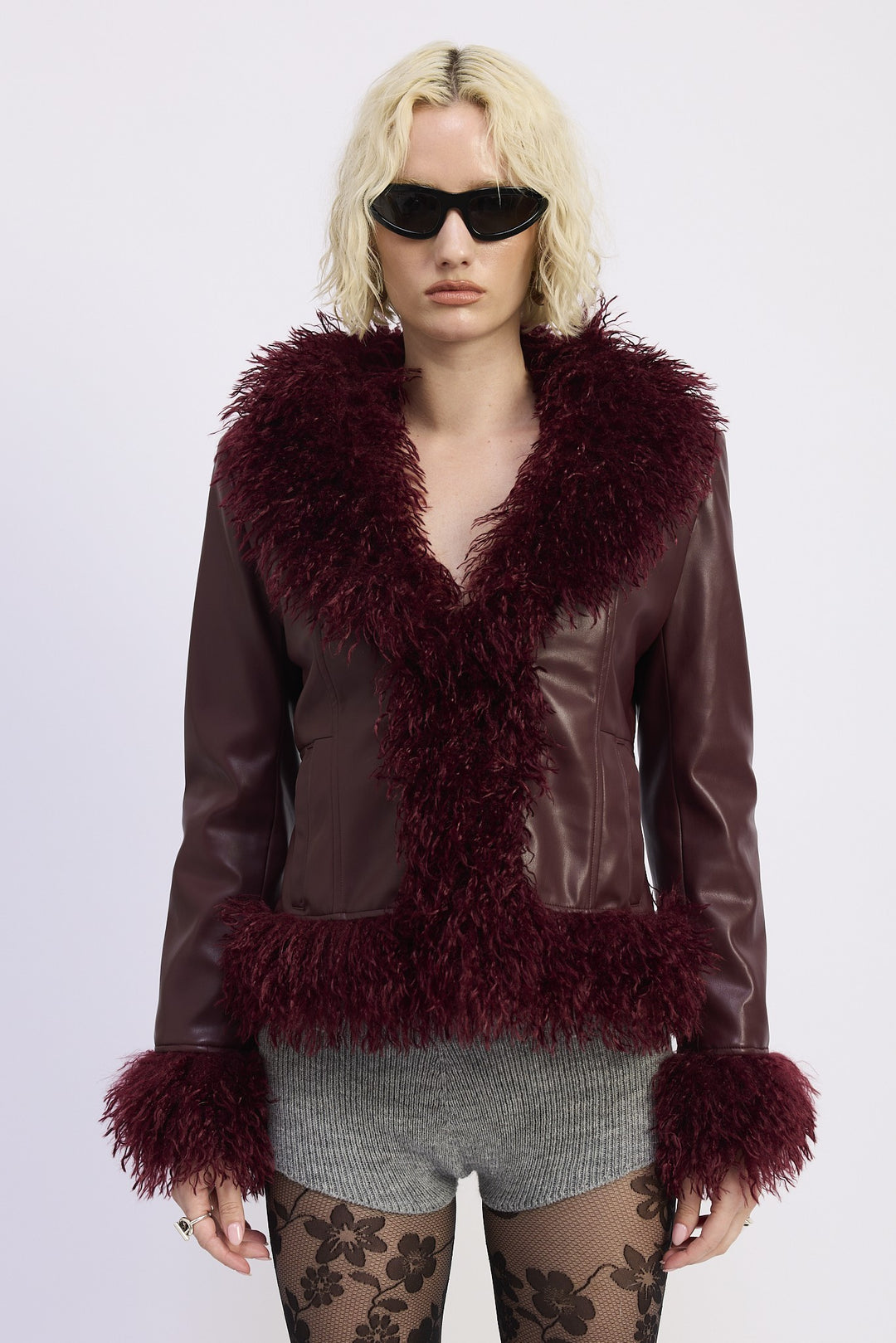 Burgundy Fur And Leather Mix Media Jacket