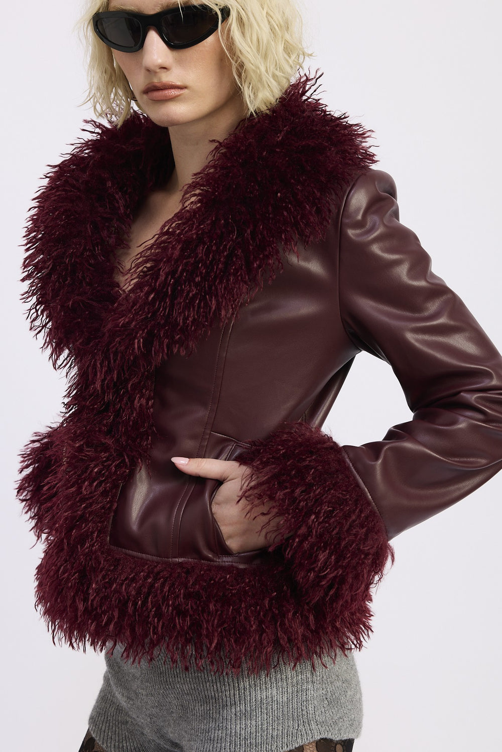 Burgundy Fur And Leather Mix Media Jacket