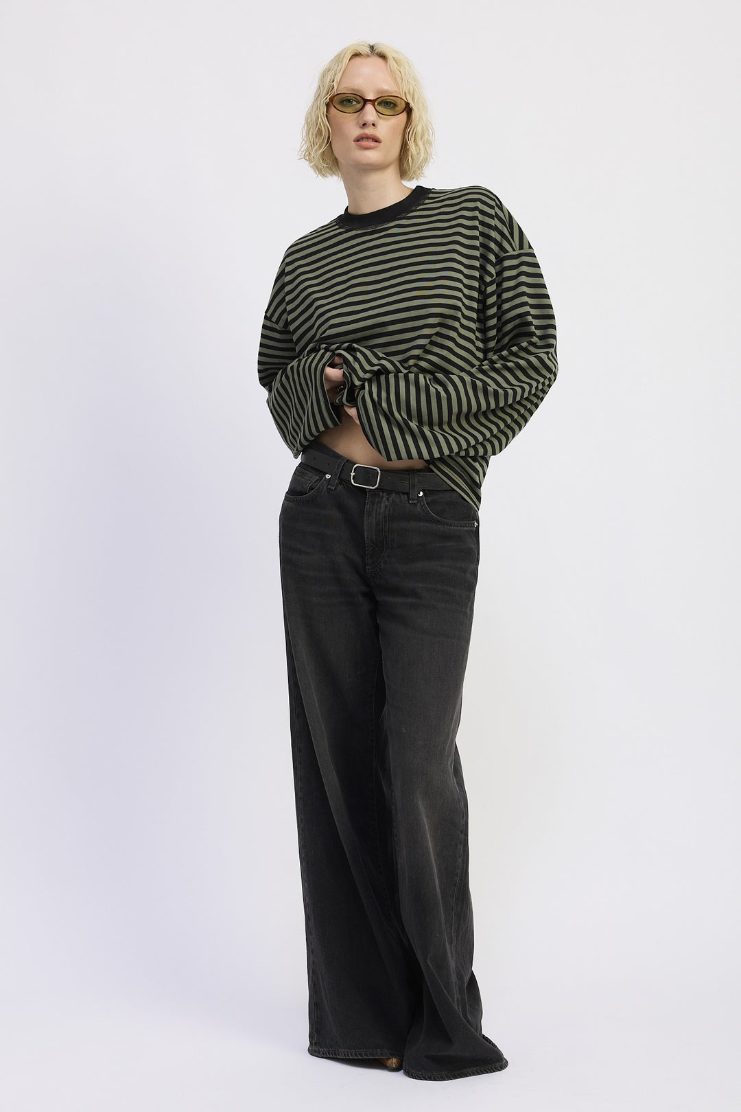 Green Stripe Oversized Striped Basic Top