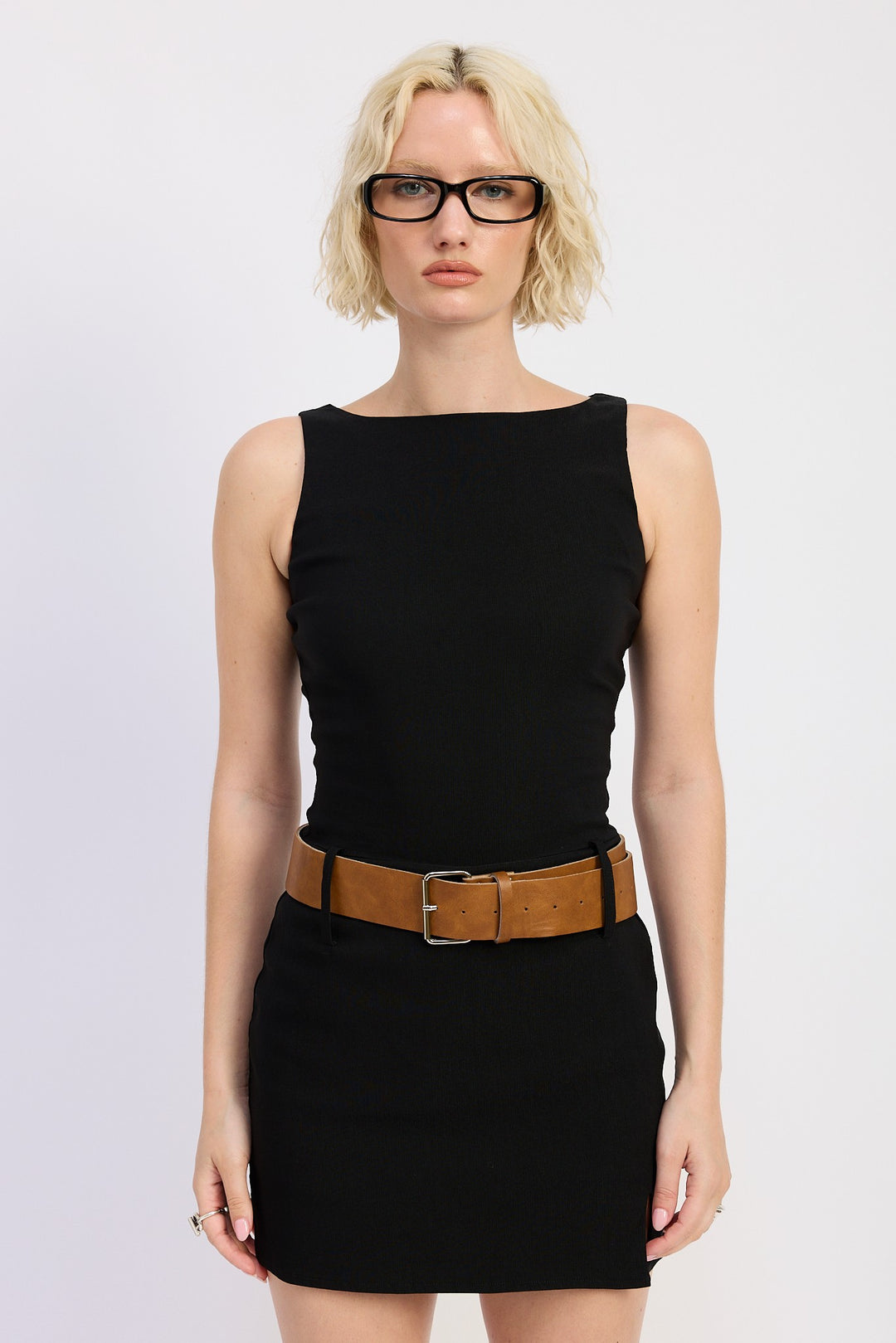 Boat Neck Mini Tank Dress With Chunky Belt