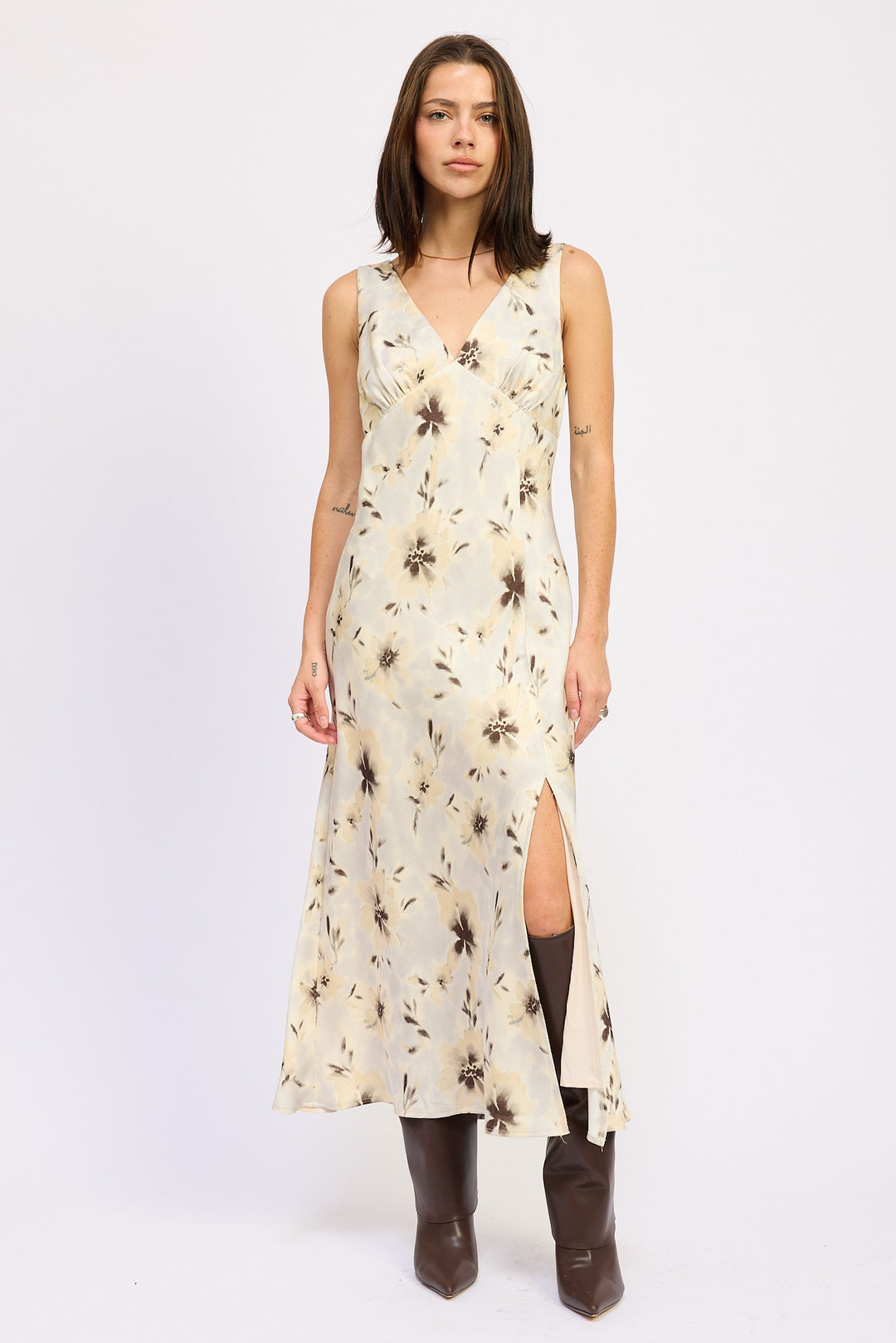 Buttercream Multi V Neck Floral Midi Bias Dress With Slit