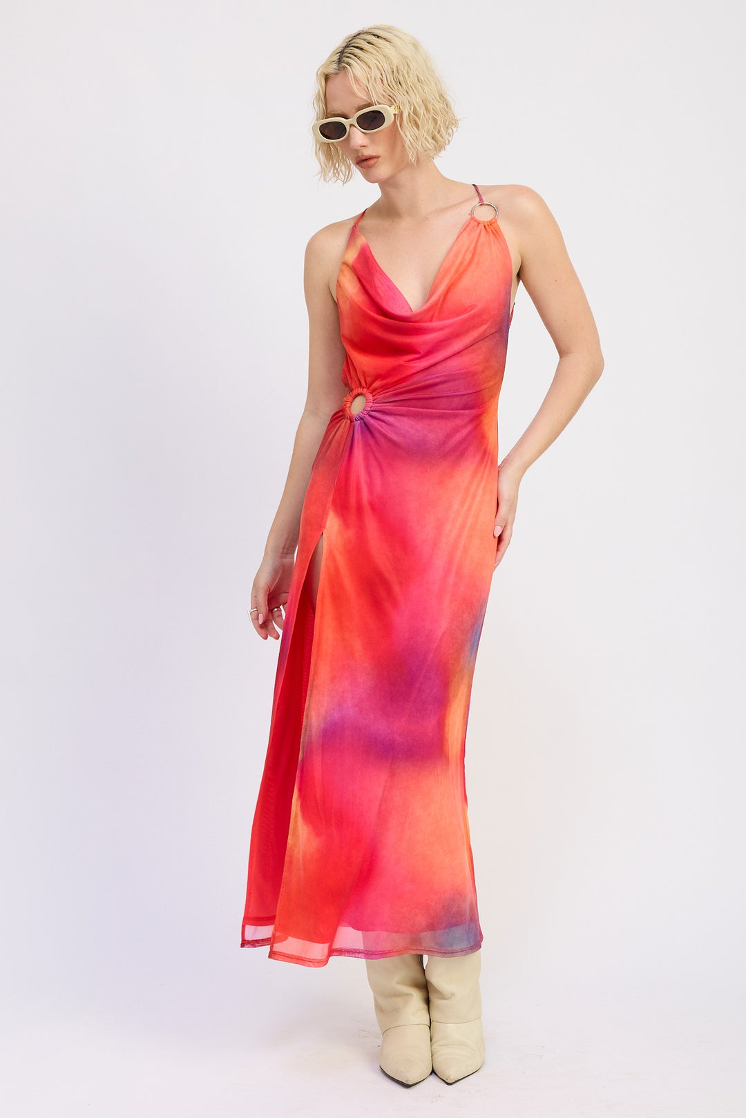 Orange Fuschia Mesh Crossback Maxi Dress