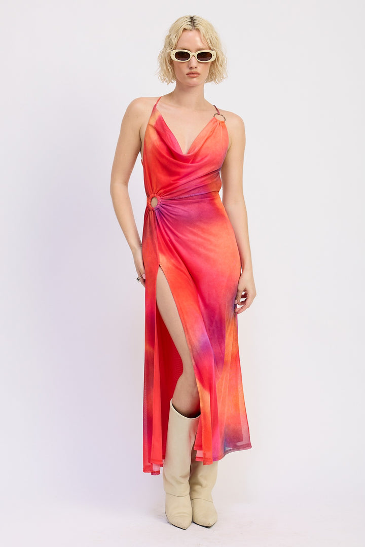 Orange Fuschia Mesh Crossback Maxi Dress