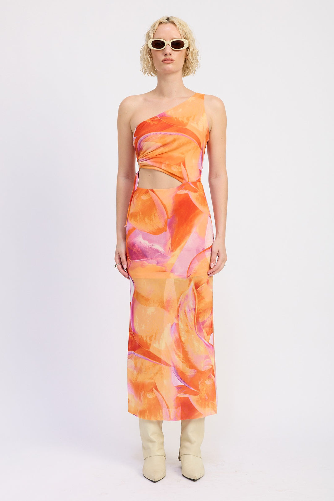 Tangerine Mixed One Shoulder Maxi Dress With Side Cut Out Detail