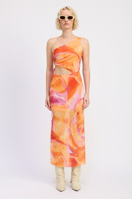 Tangerine Mixed One Shoulder Maxi Dress With Side Cut Out Detail