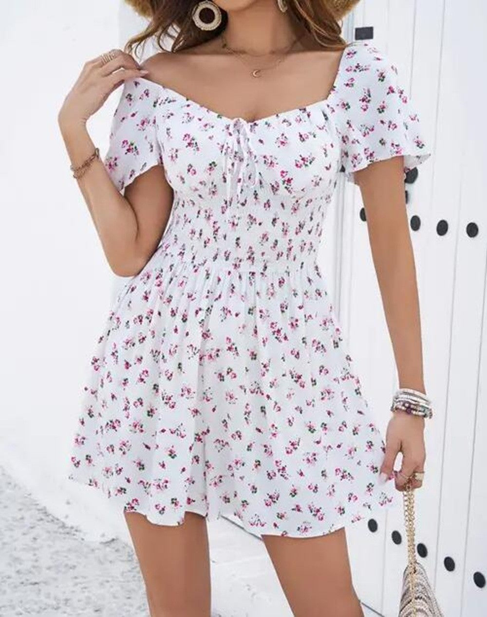 White Off Shoulder Ditsy Floral Dress