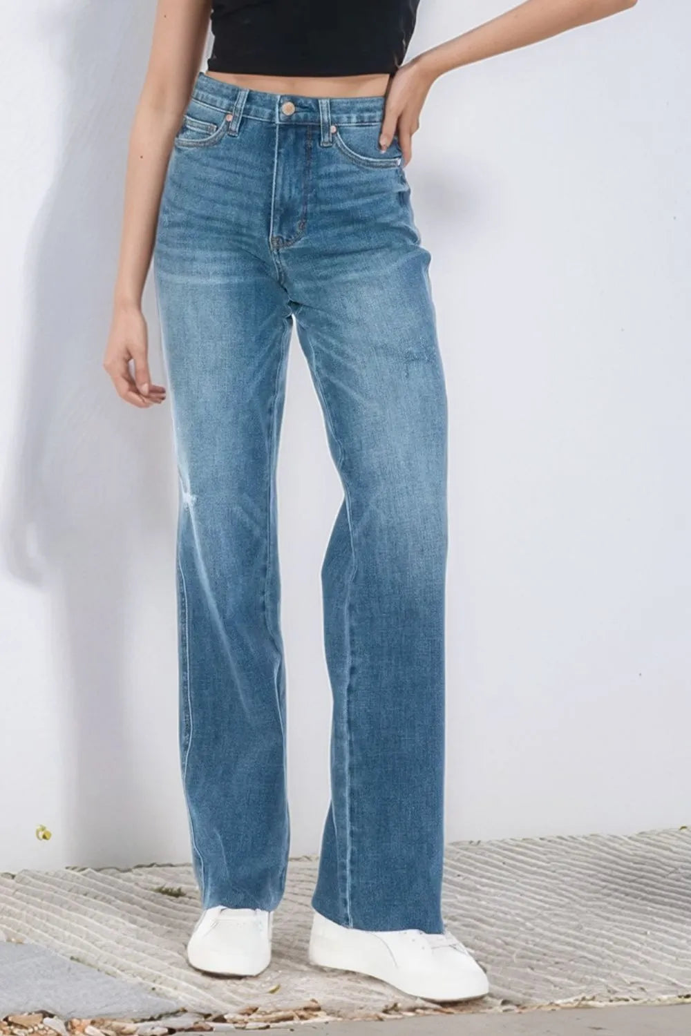 Medium Judy Blue Full Size Tummy Control Cut Raw Hem Straight Jeans 1