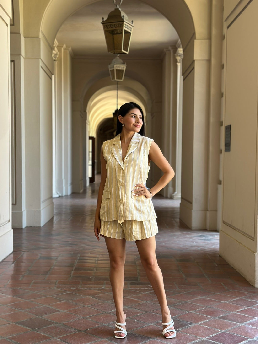 Yellow Linnen Stripe Paper Bag Detail Shorts Vest Set