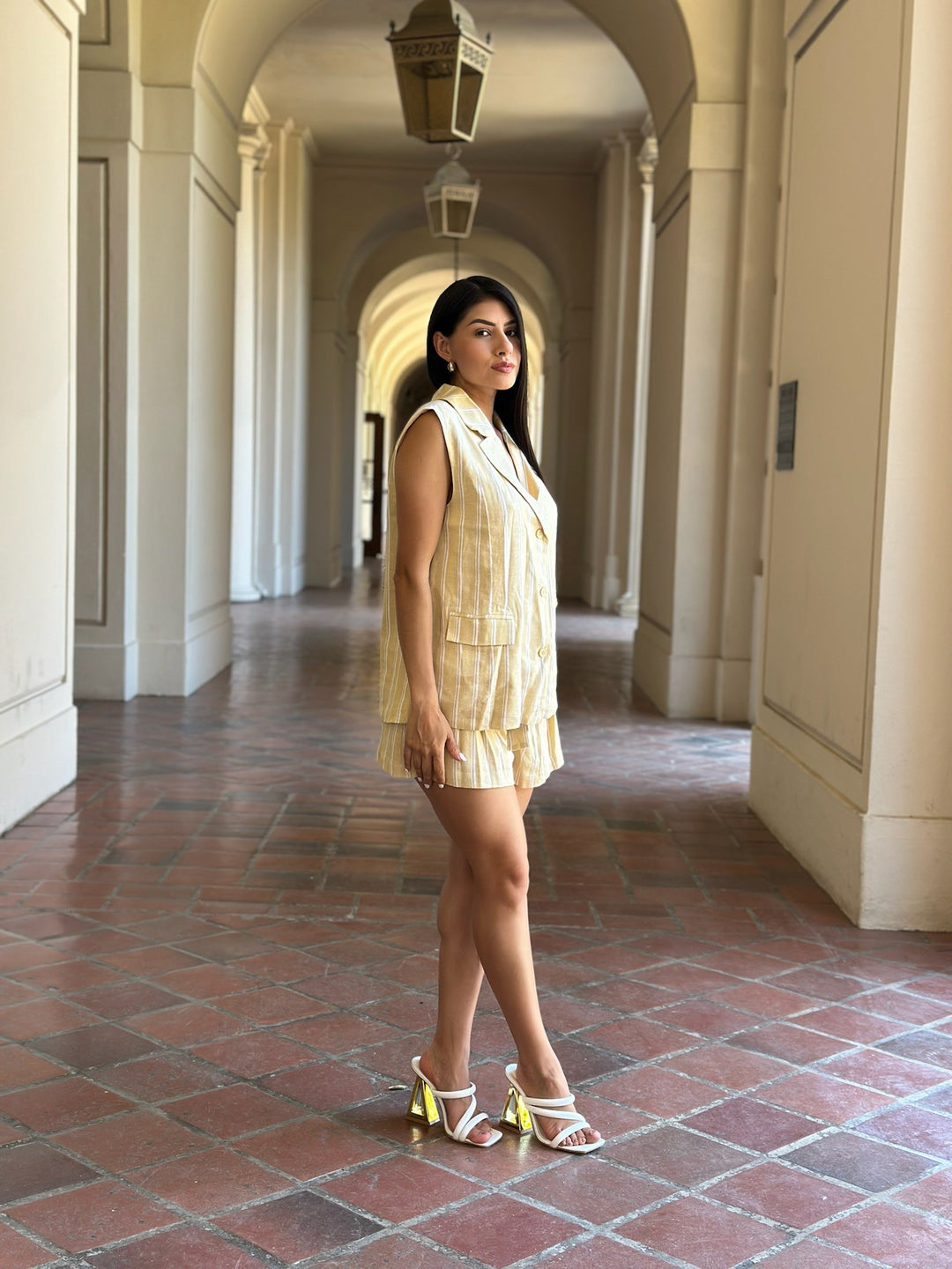 Yellow Linnen Stripe Paper Bag Detail Shorts Vest Set