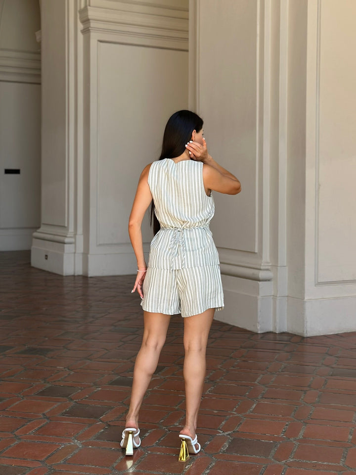 Sage Linen Stripe Pocketed Shorts And Vest Set