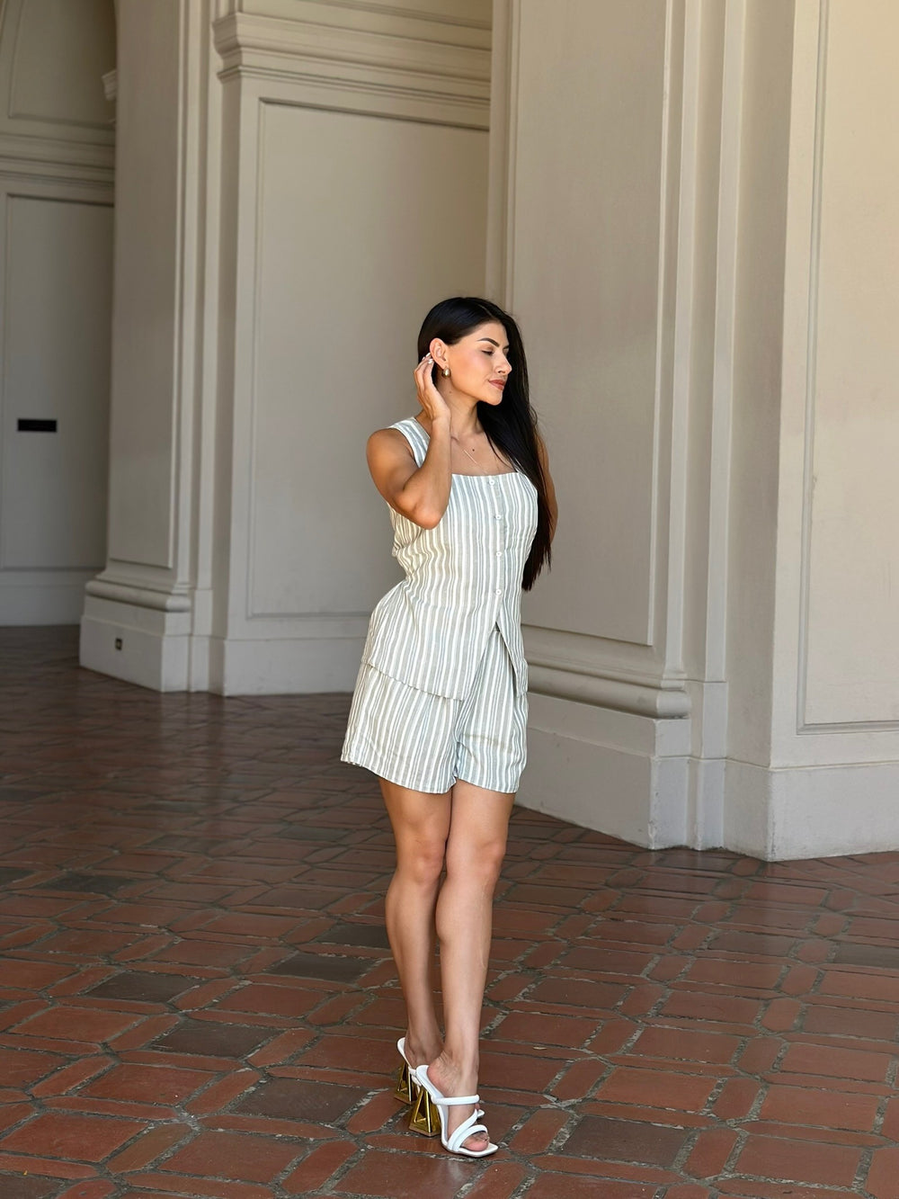 Sage Linen Stripe Pocketed Shorts And Vest Set