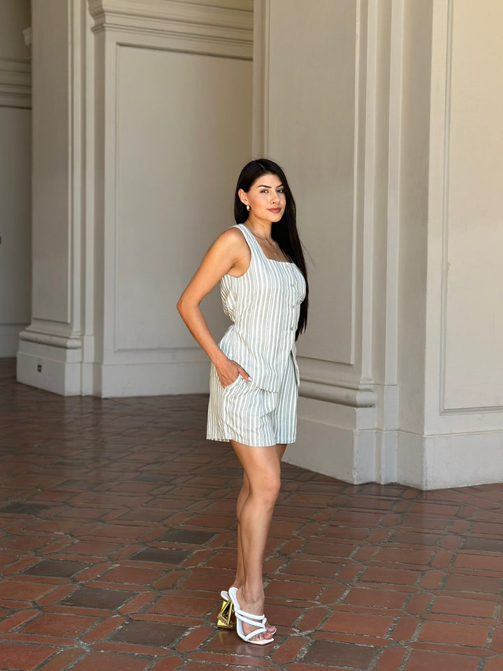 Linen Stripe Pocketed Shorts And Vest Set